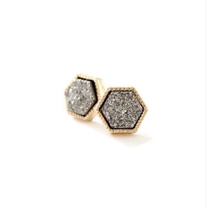 Druzy Stone Gold Tone Hexagon Stud Earrings W/ Gray Stones- NEW